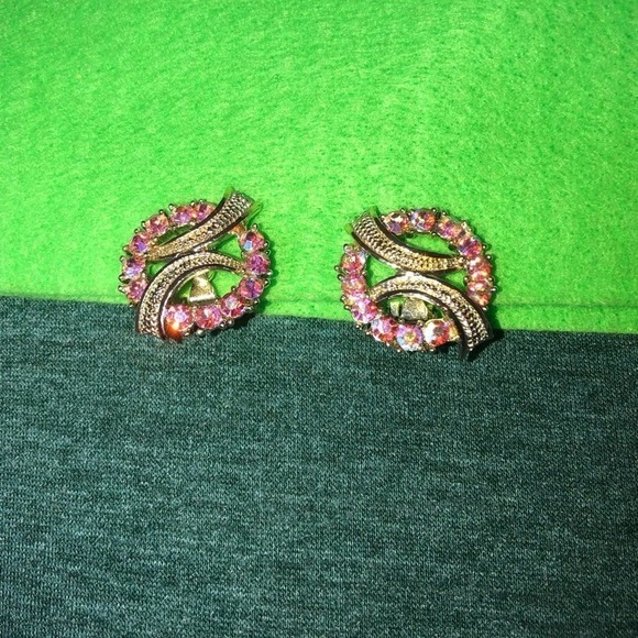 Vintage Pink Aurora Crystal Circle Ribbon Earrings Gold Tone - Picture 6 of 6